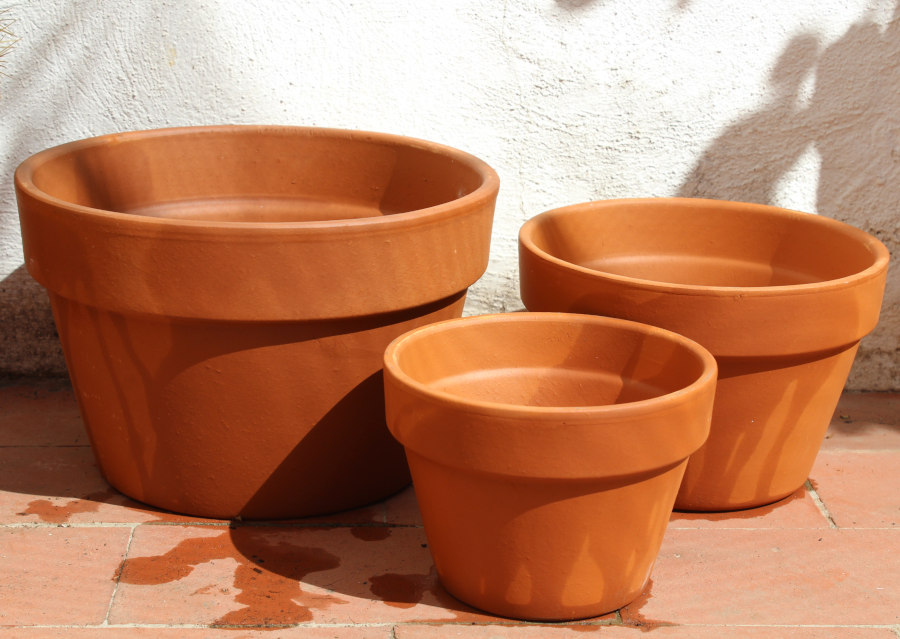 Foto de unas macetas de terracota porosas, de baja altura, ideales para el cultivo de Echinocactus grusonii